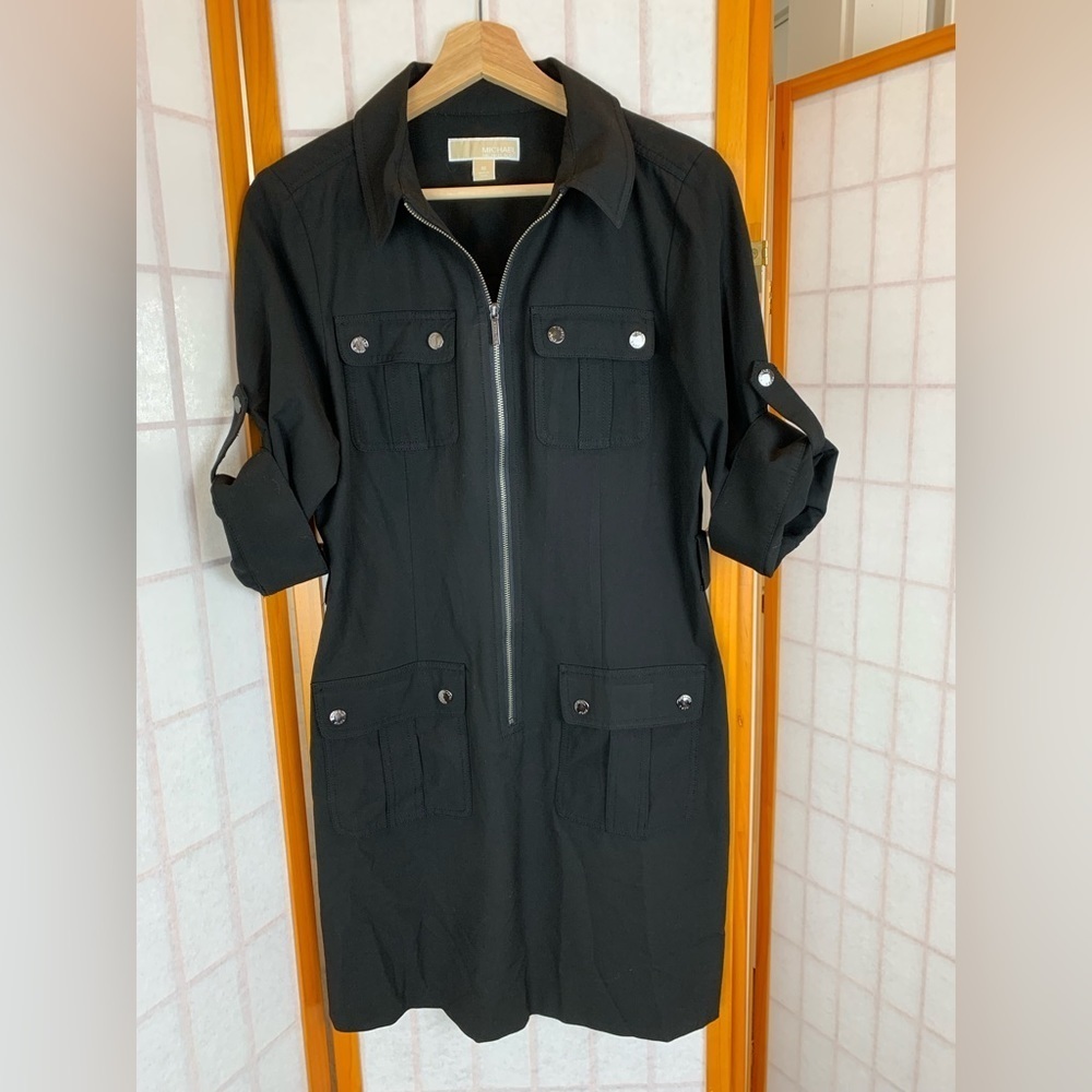 Michael Kors Black Mini Zip Dress - Front 4 pockets - Latch Sleeves - Size M